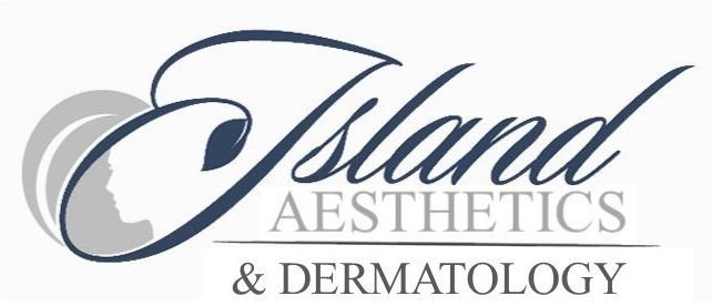 A logo for island aesthetics and dermatology with a woman 's face on it.