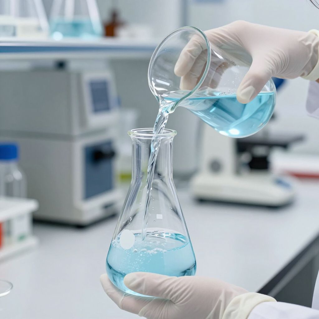Uno scienziato versa un liquido blu da un becher in una beuta di Erlenmeyer in un laboratorio.