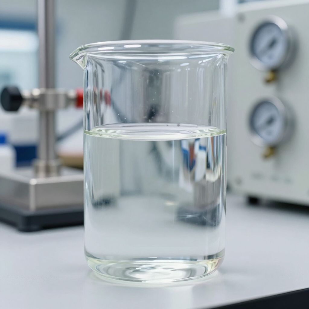 Liquido trasparente in un becher di vetro su un banco da laboratorio, con indicatori e attrezzature sullo sfondo.