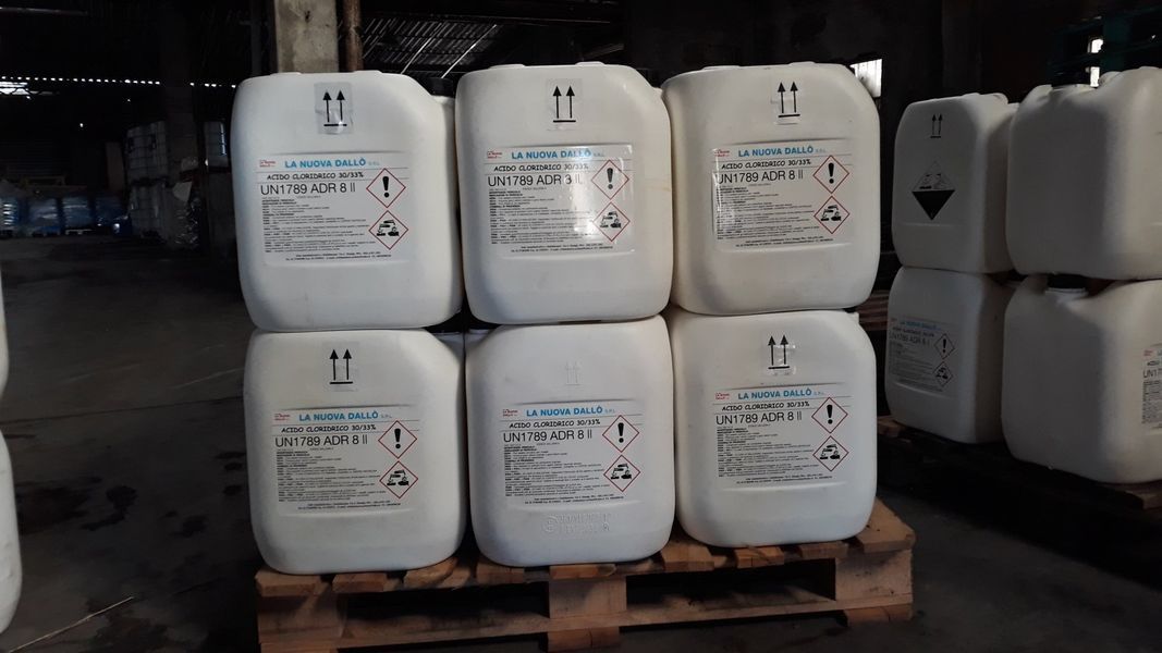 Contenitori chimici bianchi impilati su un pallet, ciascuno etichettato con simboli di pericolo.