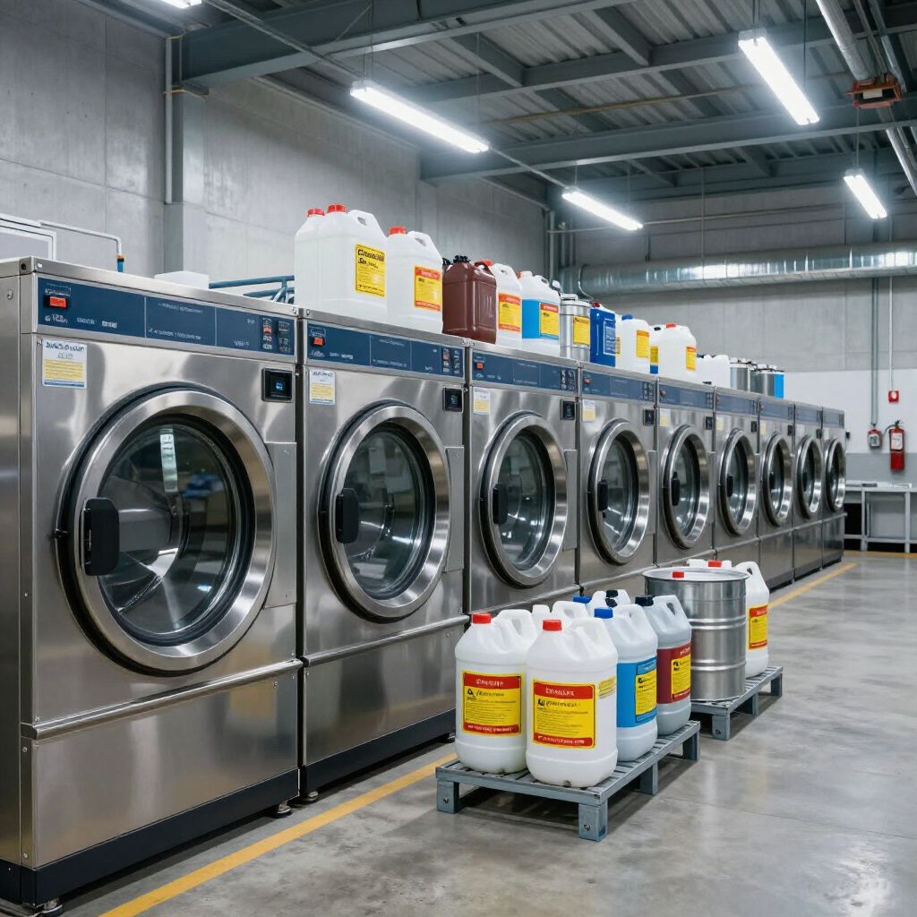 Fila di lavatrici commerciali in una lavanderia, con contenitori di prodotti chimici su pallet.