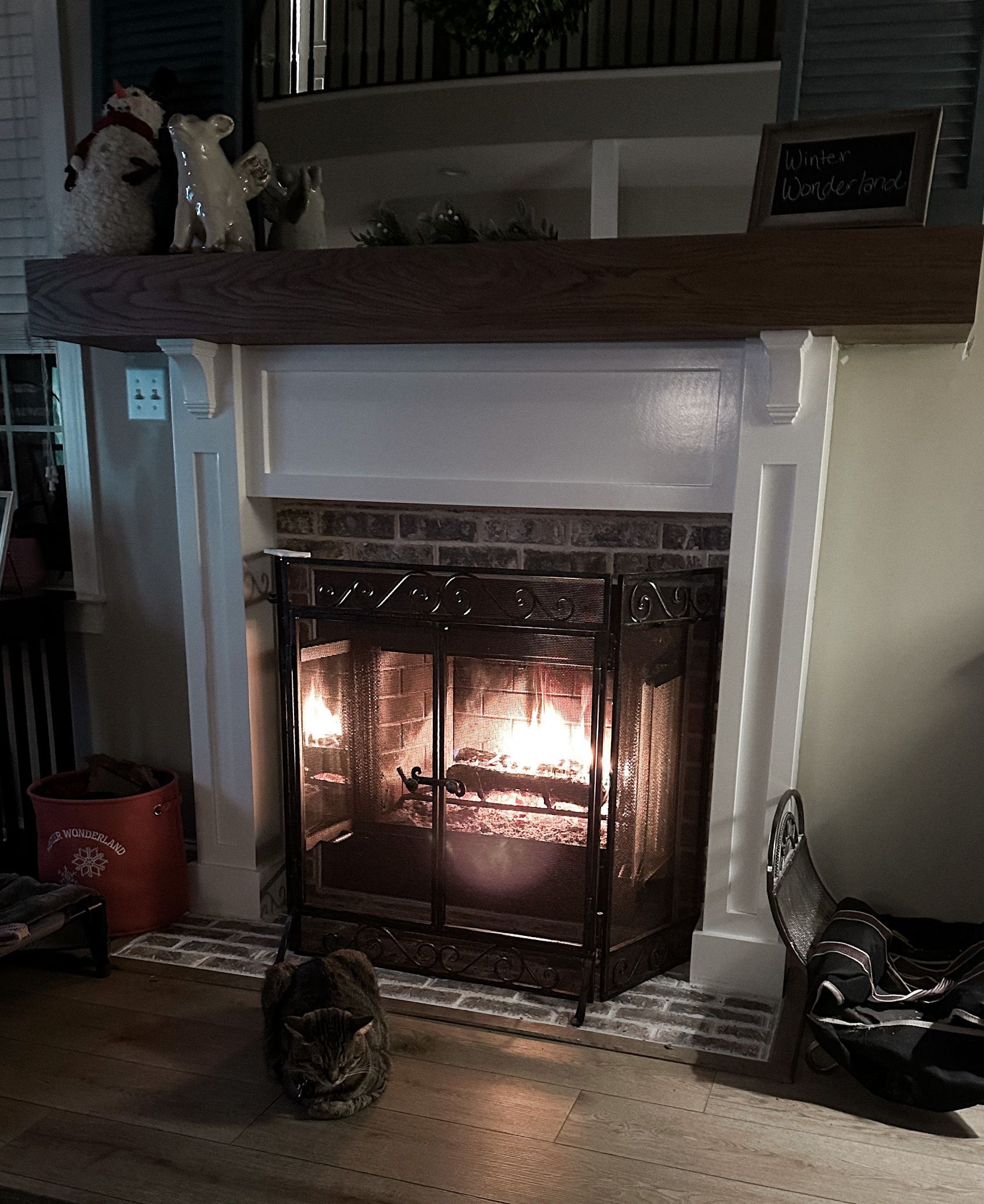 A fireplace with a cat sitting in front of it