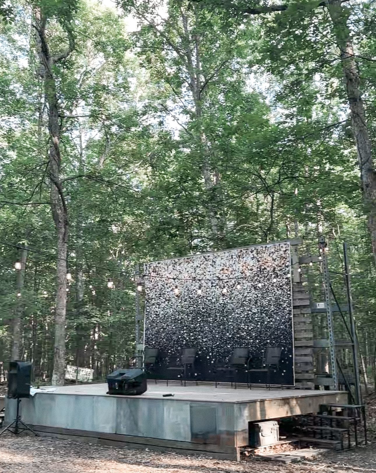 A stage in the middle of a forest with trees in the background.