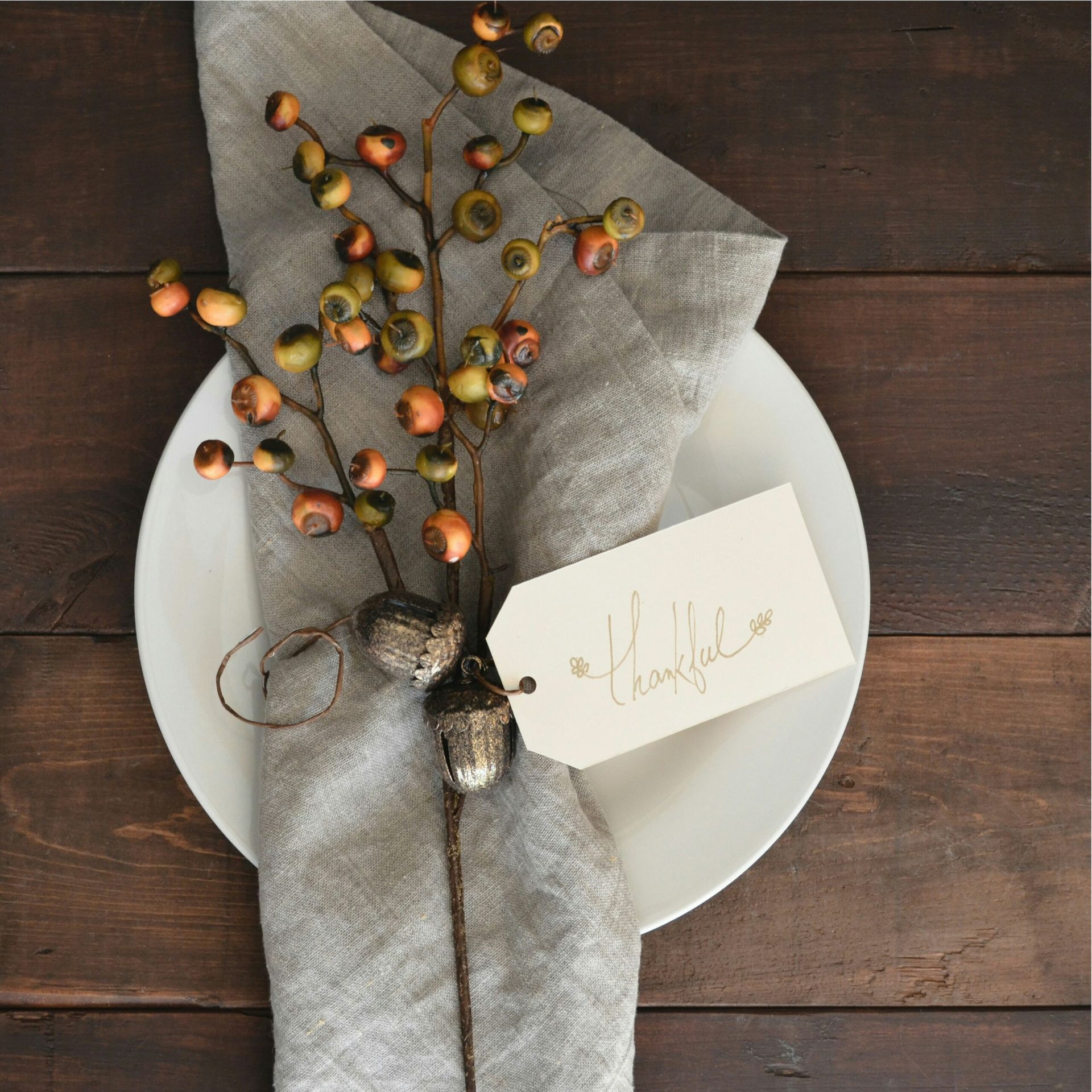 A napkin with a tag that says thankful on it