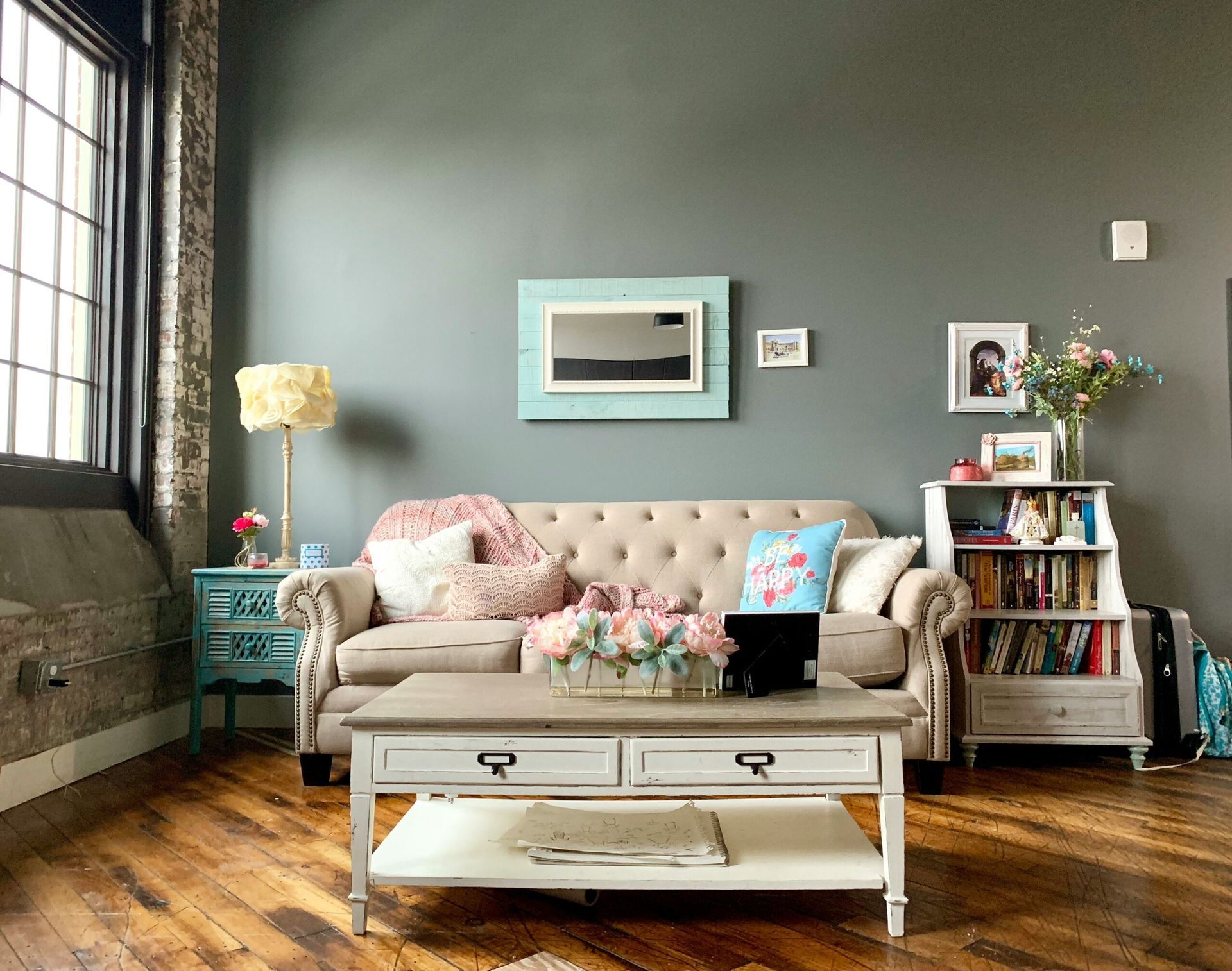 A living room with a couch and a coffee table