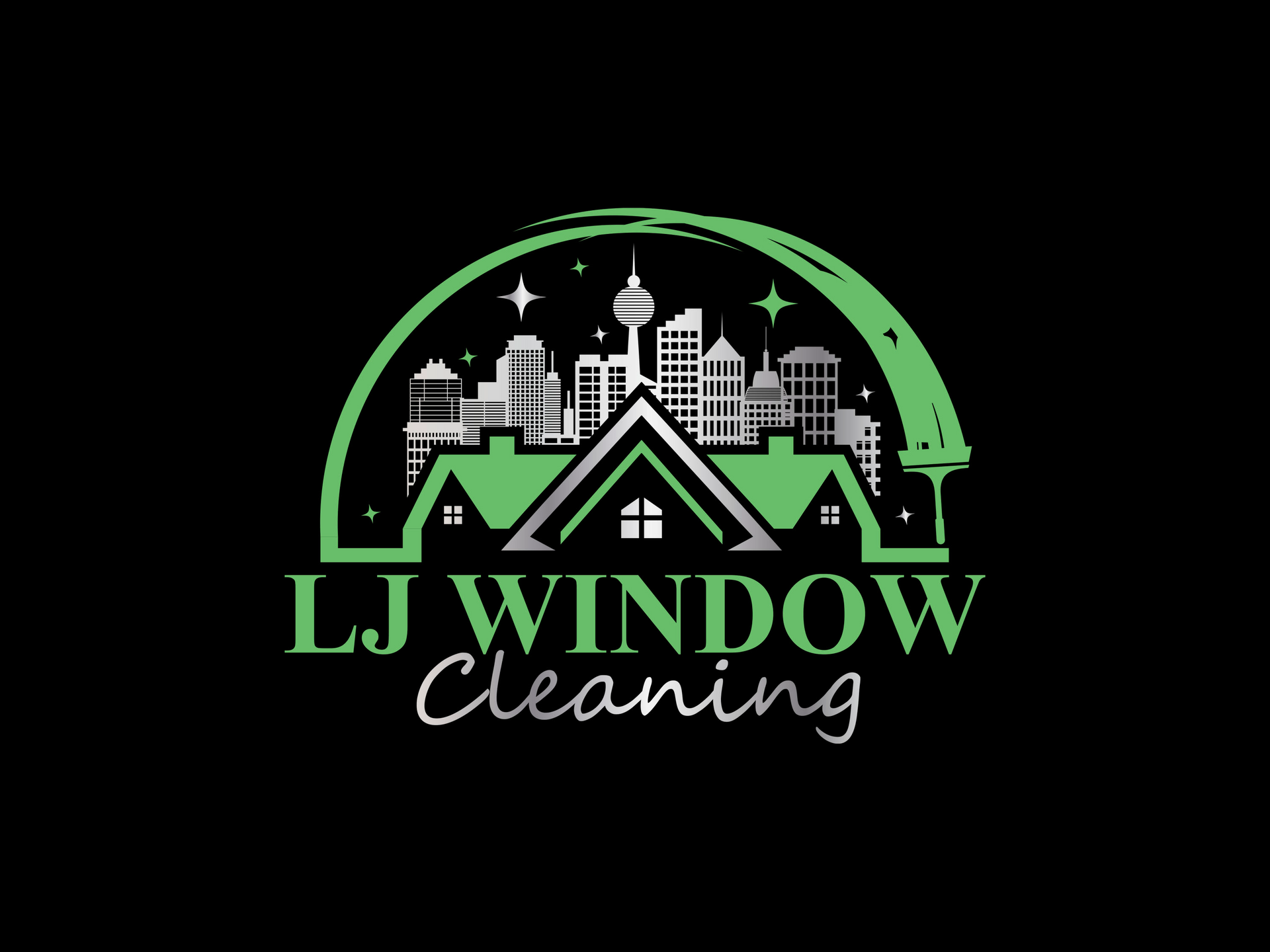 A logo for lj window cleaning with a city skyline in the background.