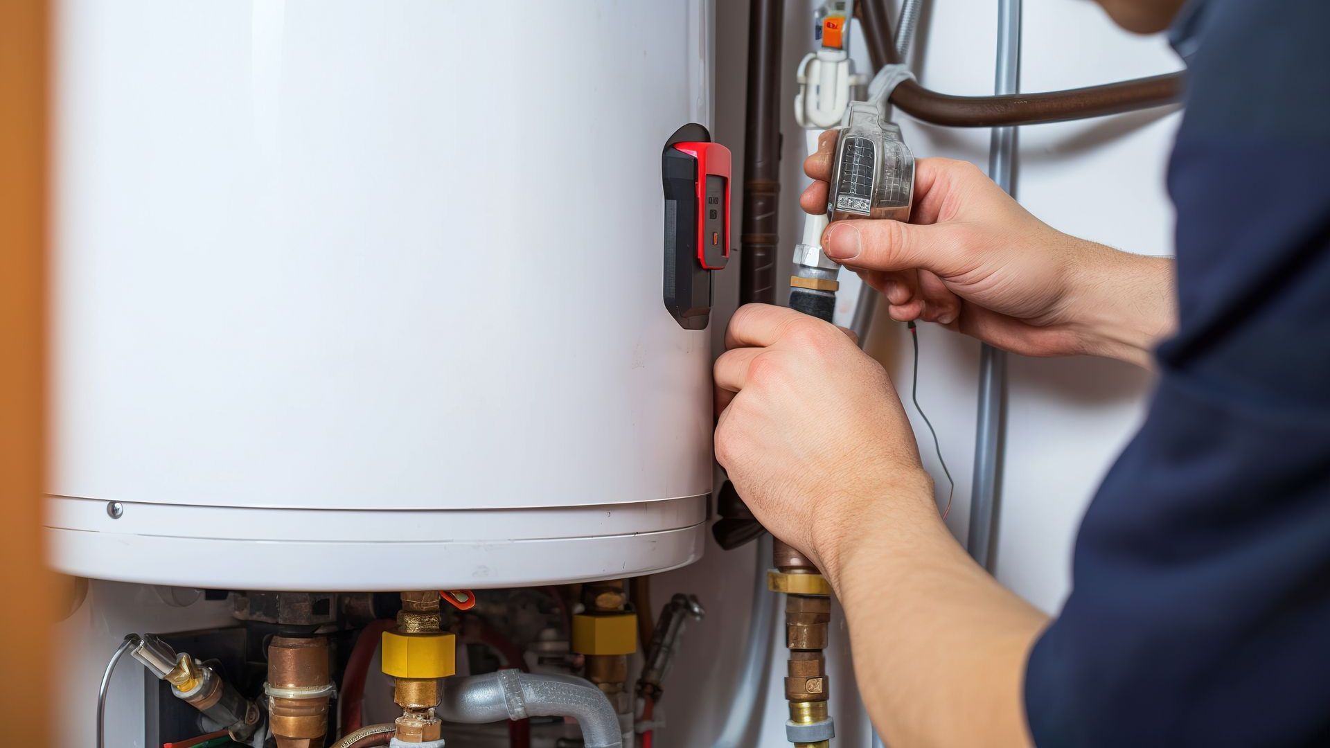 Plumber in navy shirt, repairing a white water heater with tools in a utility room.