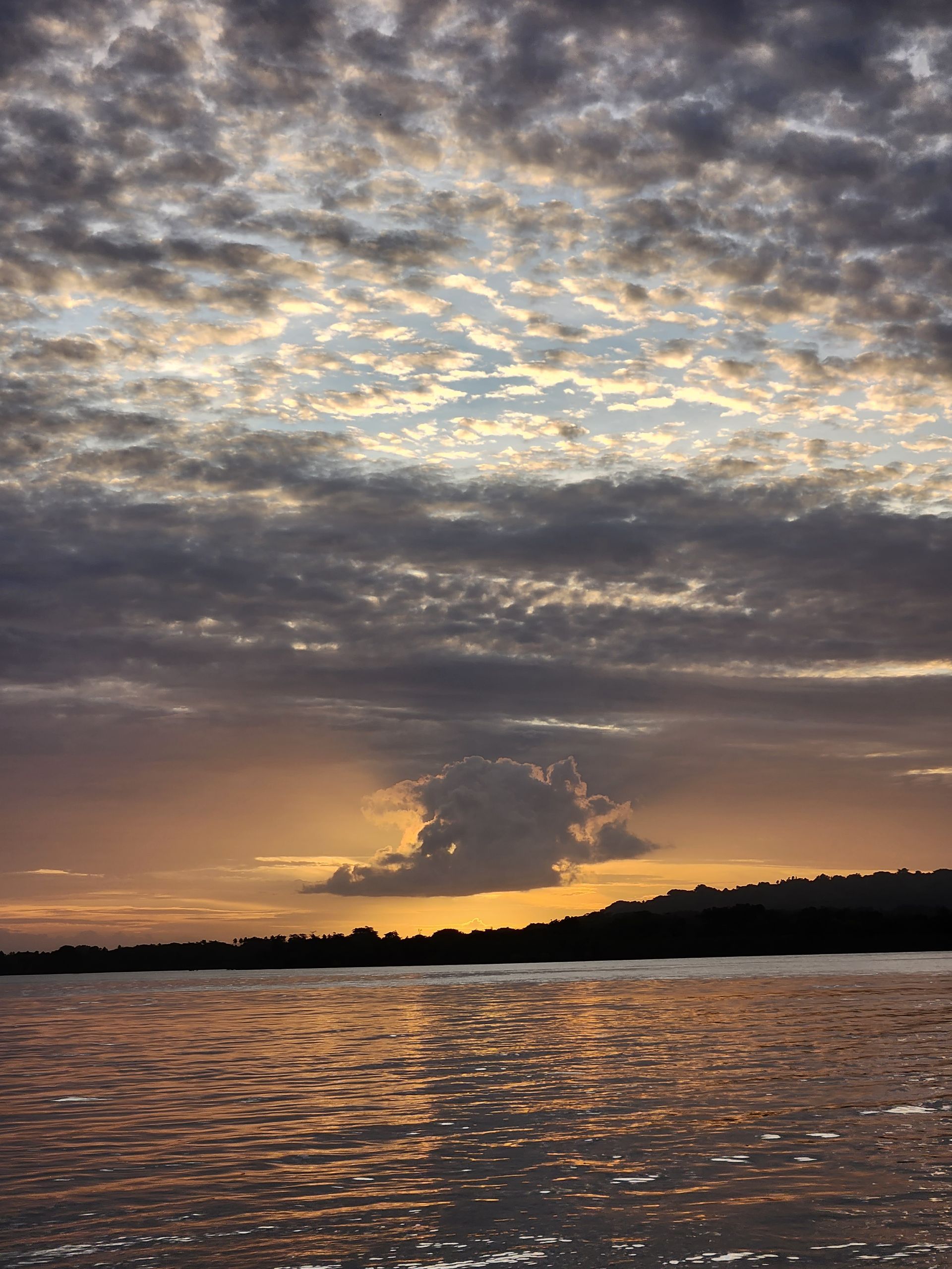 A sunset over a body of water with clouds in the sky