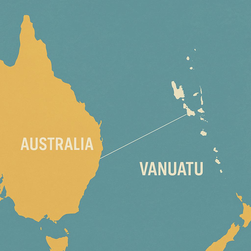 Map showing Australia to the left, connected by a dotted line to Vanuatu on the right, both on a teal background.