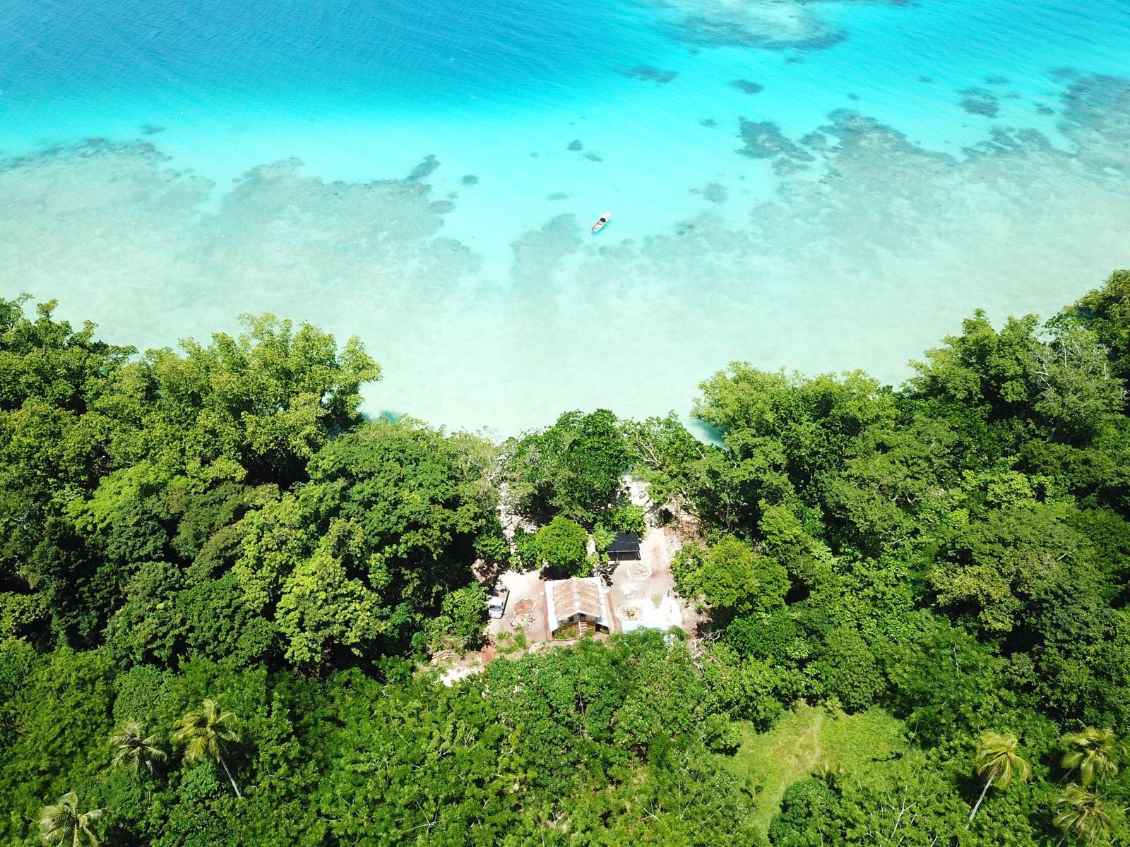 Aerial view of a tropical island with turquoise water, lush green trees, and a small structure 