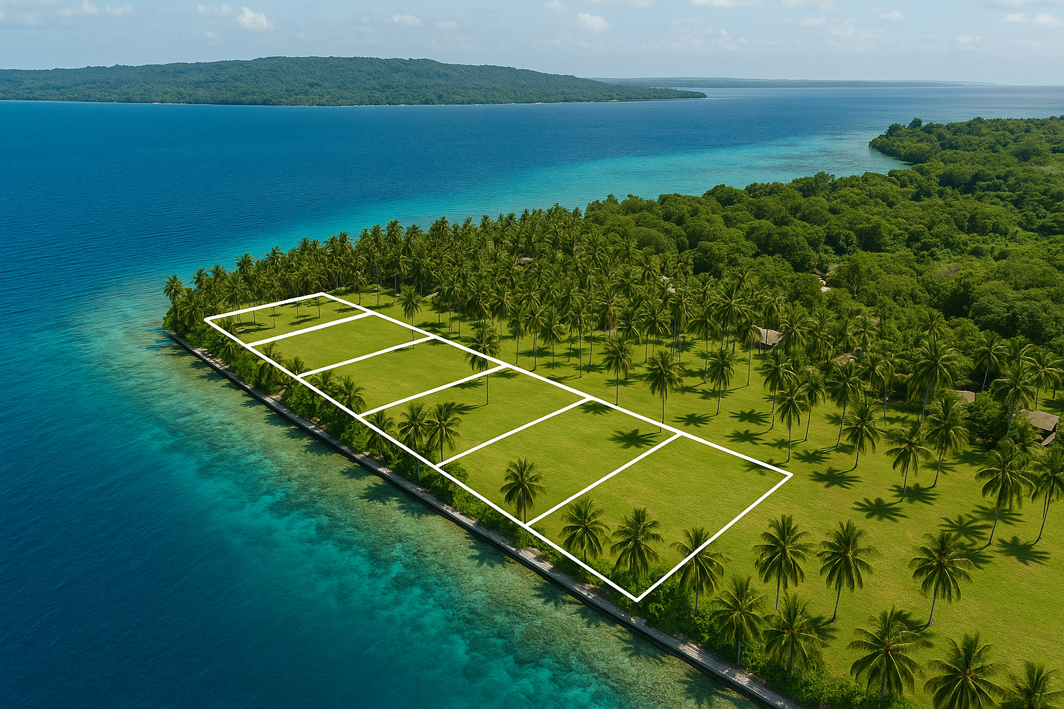 Aerial view: Plots of land on a tropical island with palm trees, bordering blue ocean Vanuatu