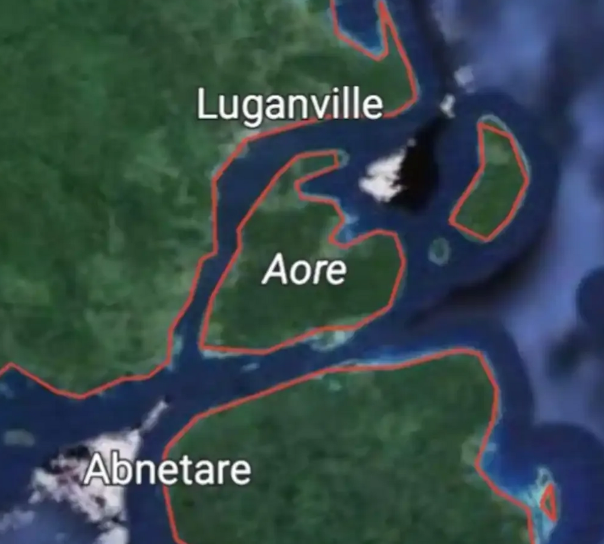 Map showing Luganville, Aore, and Abnetare, coastal areas with water and land indicated.