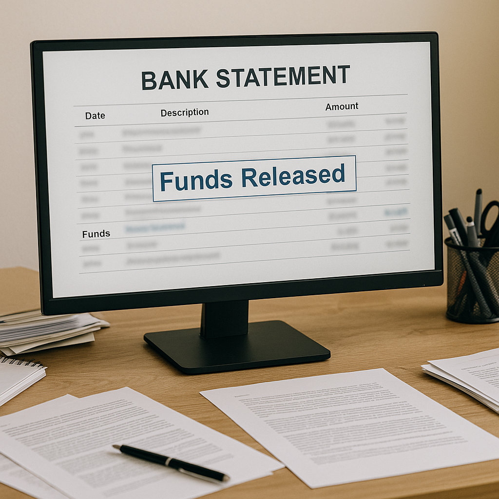 Vanuatu bank statement on computer screen showing funds released – money recovery case study with documents and office desk