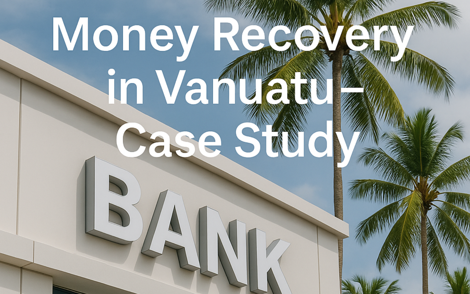 “Vanuatu bank building exterior with palm trees – Money Recovery in Vanuatu Case Study.”