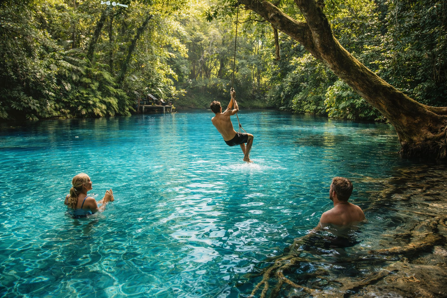 A person swings on a rope over a vibrant turquoise natural spring surrounded by lush, green forest with two others nearby.
