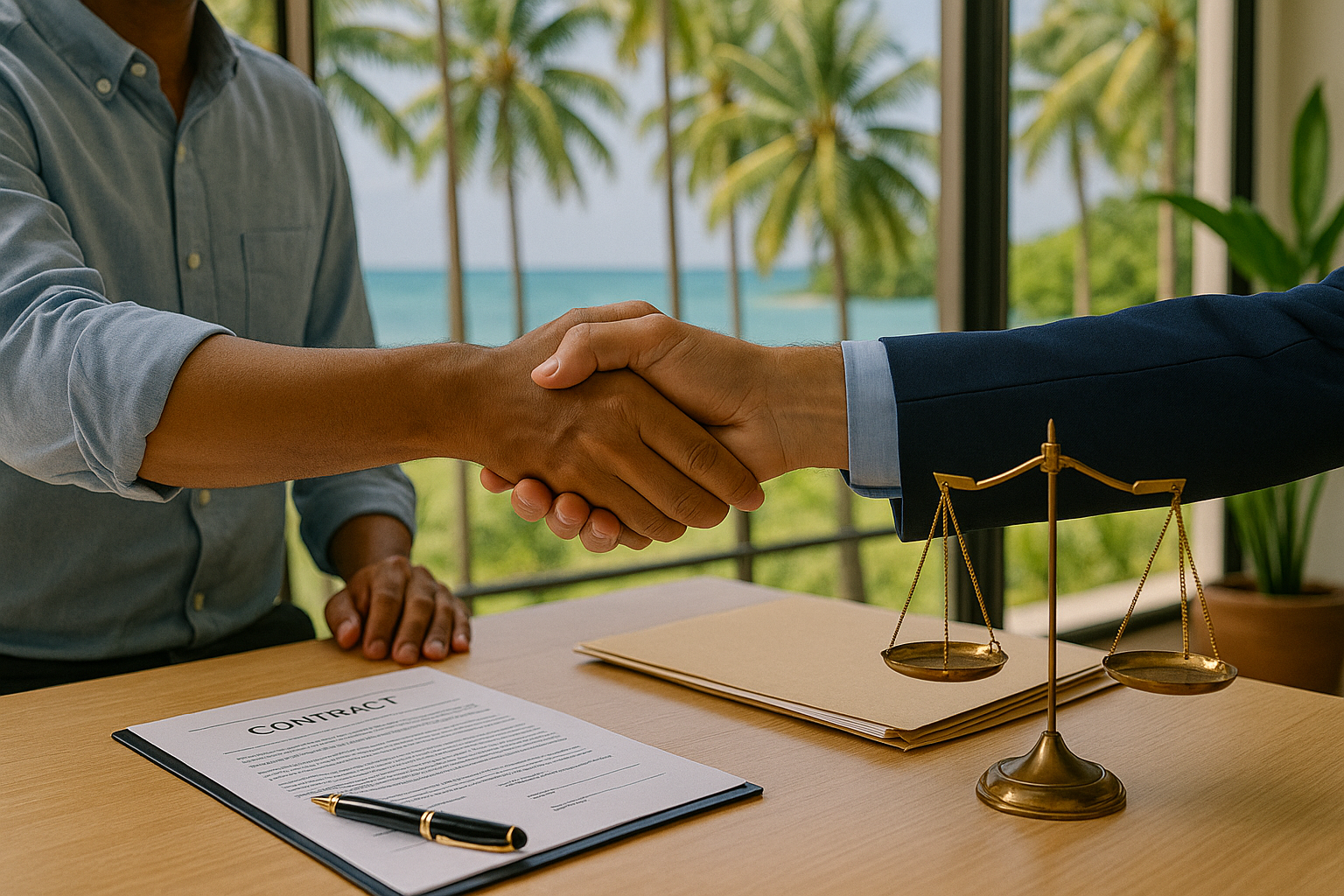 Two men shaking hands over a table with legal documents and scales; tropical background in Vanuatu