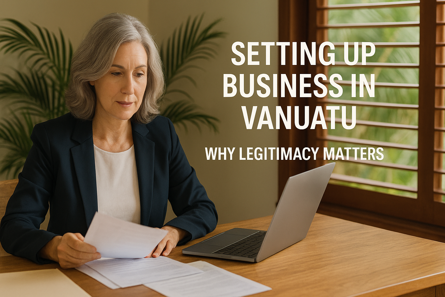 Woman at desk reviewing documents; laptop open; text: Setting Up Business in Vanuatu.
