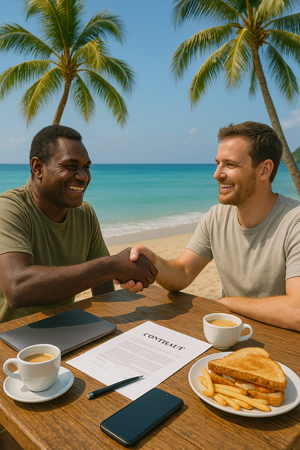 Two men shake hands over a contract on a beach table with coffee and sandwiches; palm trees and ocean in background.