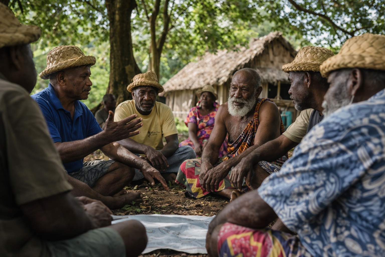 Group of men in straw hats seated in a circle, conversing outdoors; a hut in the background.