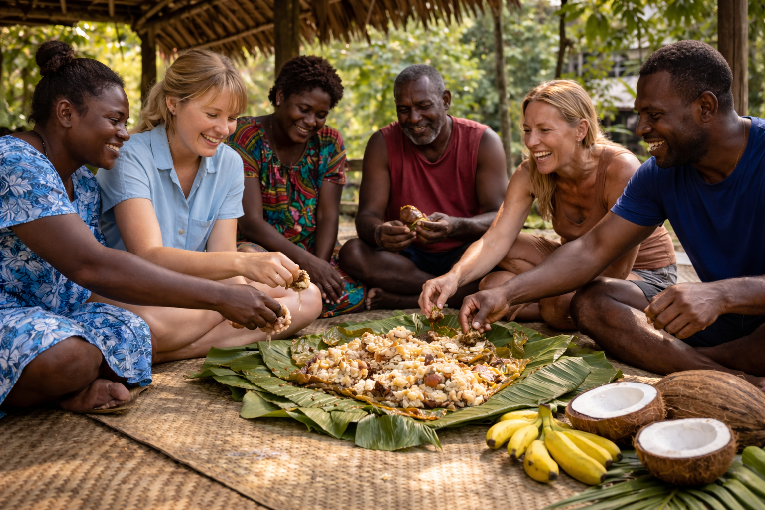 A diverse group of people sitting on a mat in a tropical setting, sharing a large meal served on broad green leaves.