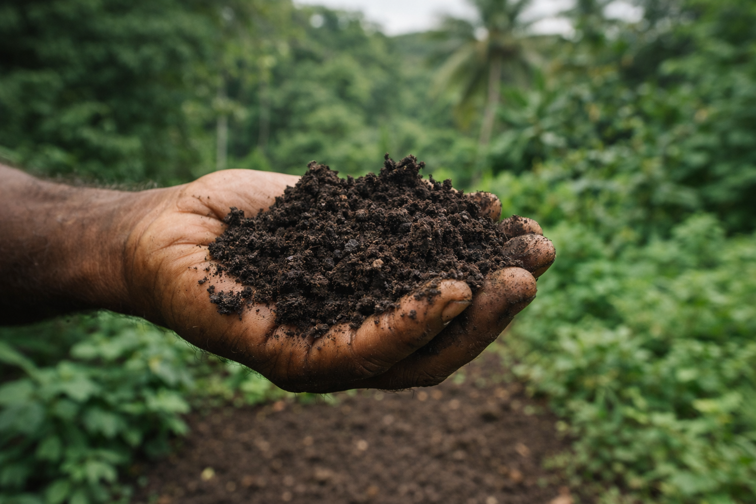 Hand holding a dark, rich handful of soil in a green, natural setting.