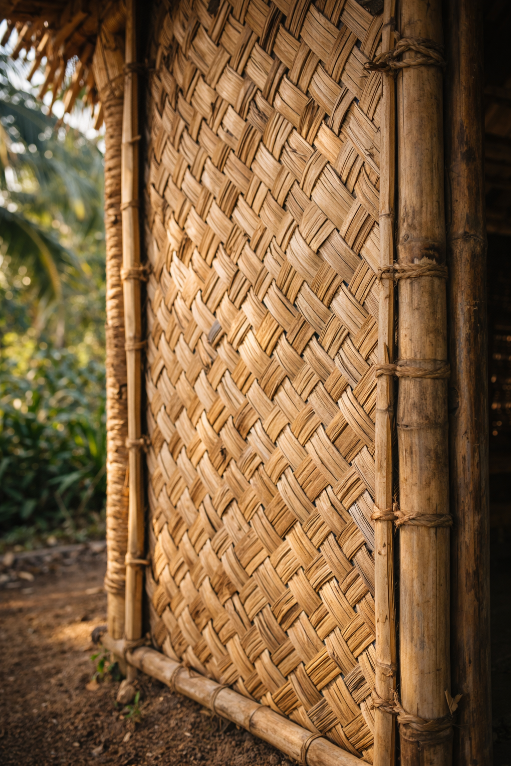 Bamboo wall weaved in to house wall in soft cream colours