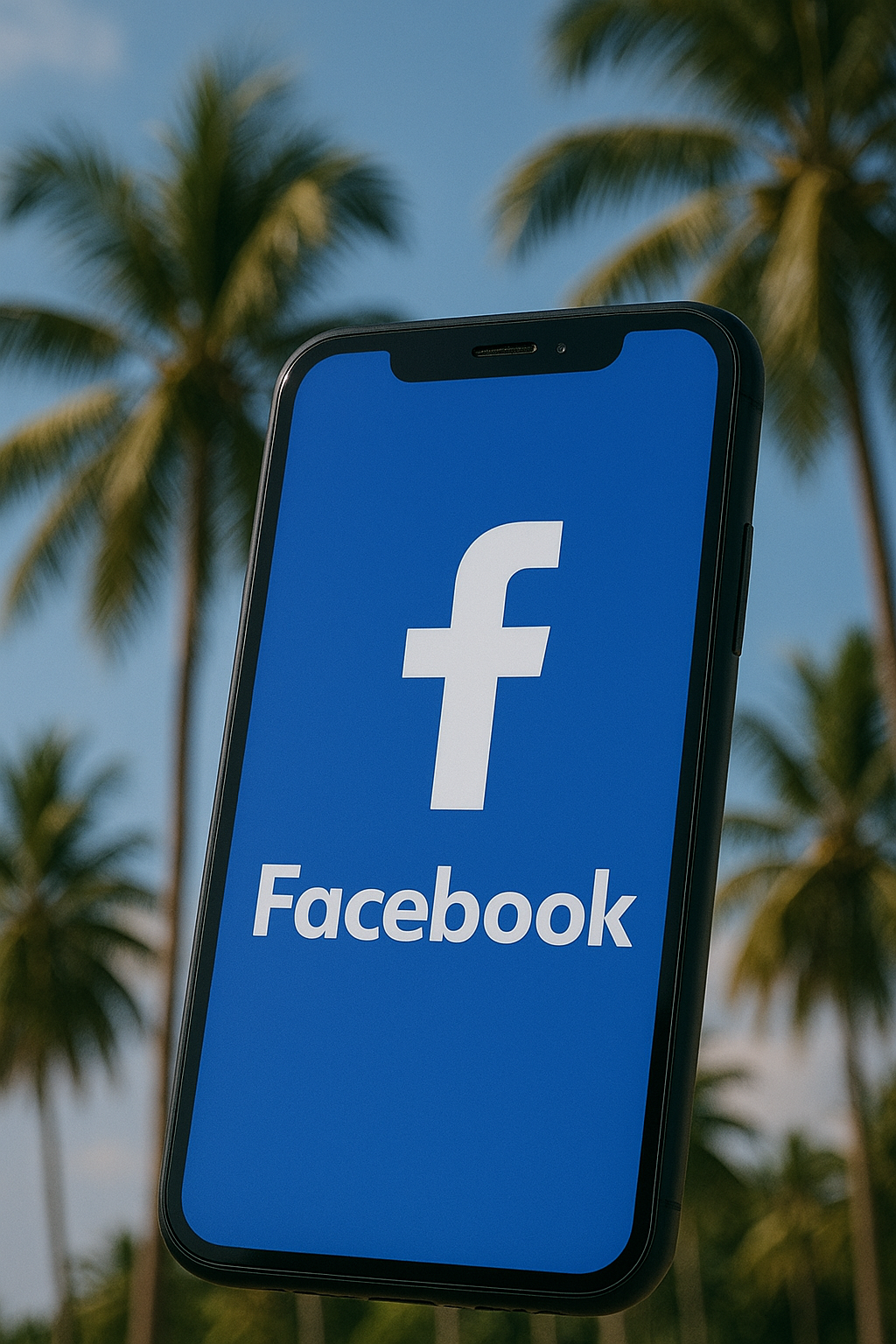 Smartphone displaying Facebook logo against a background of palm trees and blue sky.