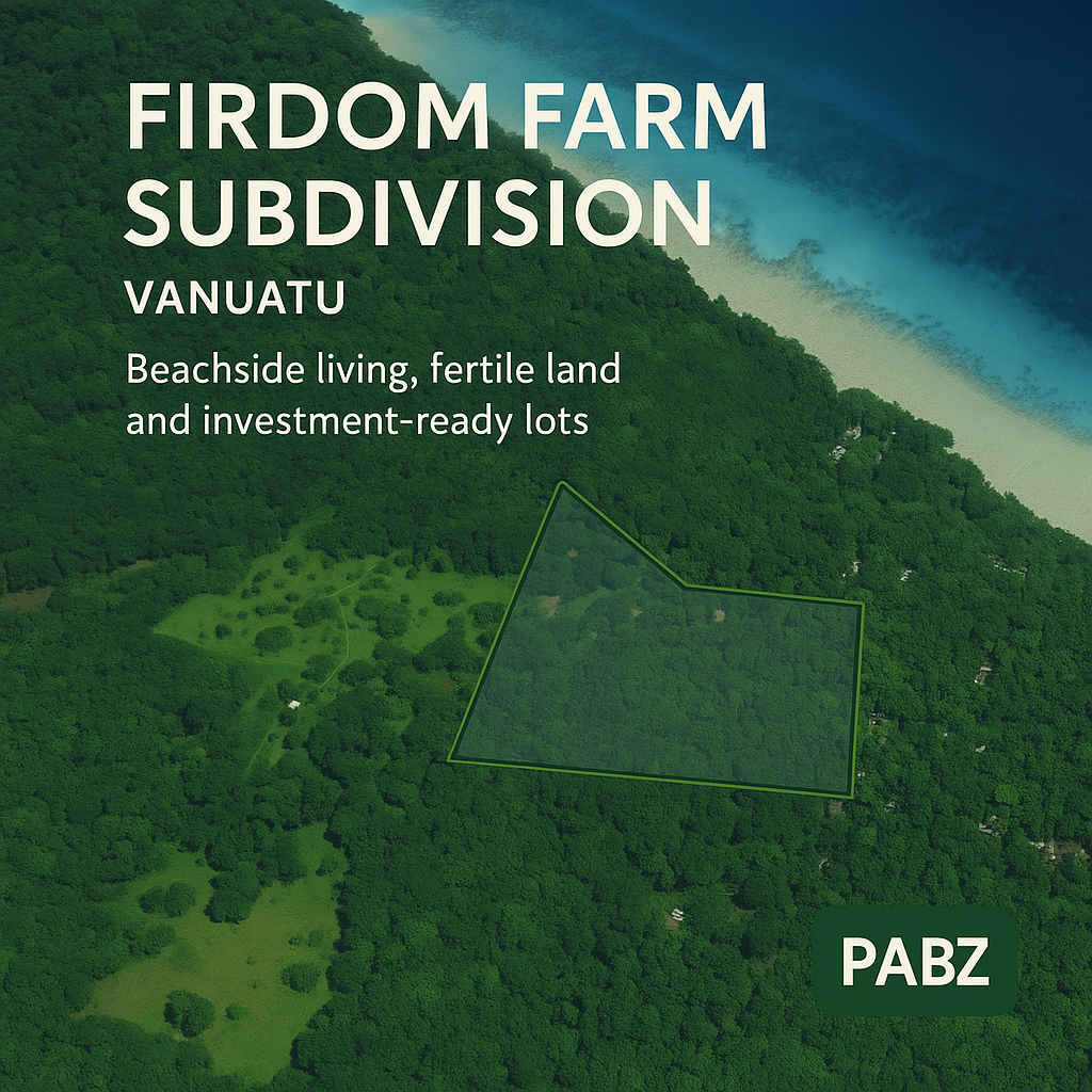 Aerial view of Firdom Farm Subdivision in Vanuatu, showcasing beachside land and investment lots outlined in green.