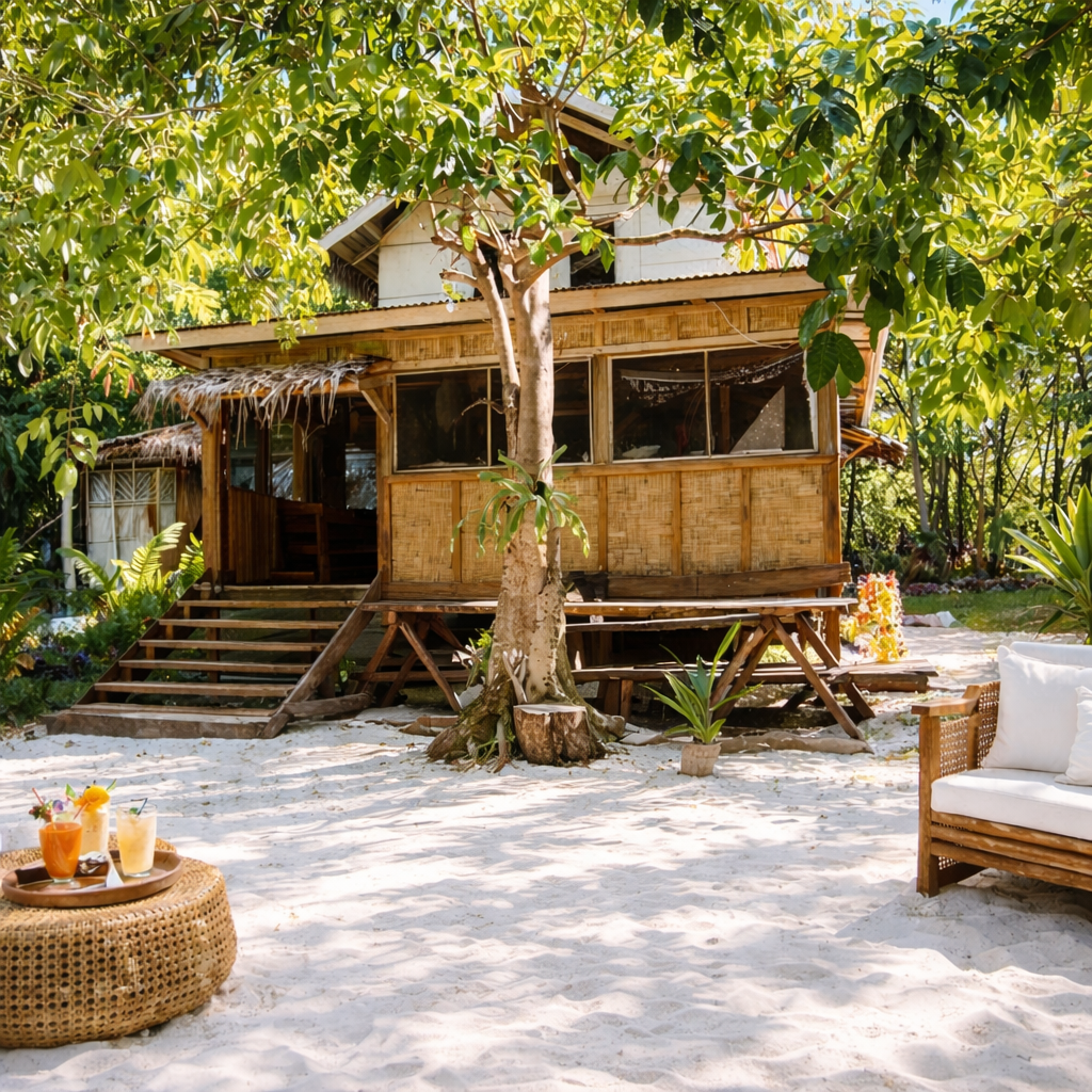 Bamboo hon a white sandy beach with drinks on a table 