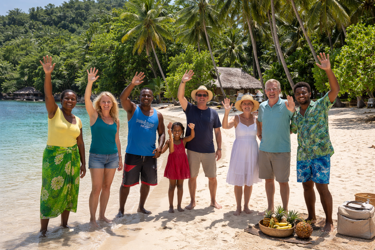 Group of men in straw hats seated in a circle, conversing outdoors; a hut in the background.