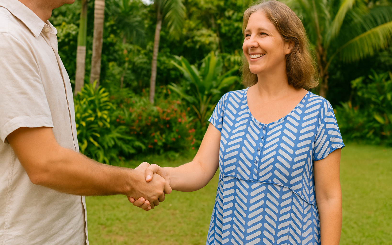 Man and woman shaking hands, smiling, outdoors on a grassy lawn with trees in the background Aore Real estate Uniform