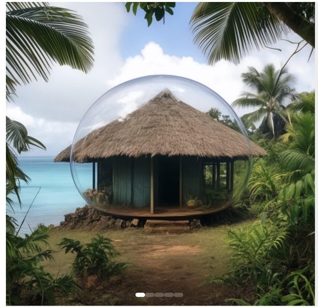 A thatched hut is surrounded by a clear bubble