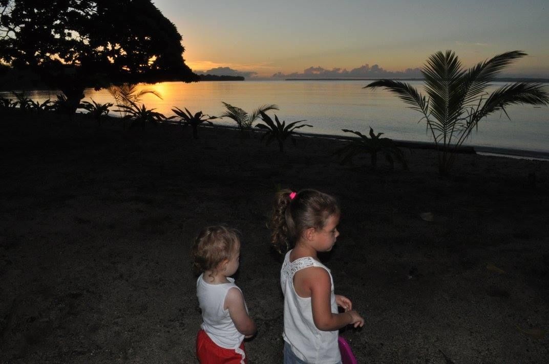 Two little girls are standing on a beach at sunset.