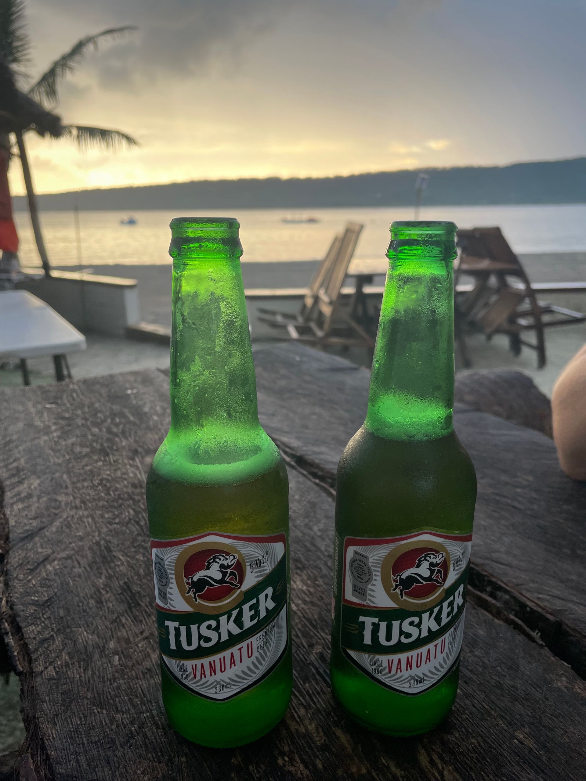 Two bottles of tusker beer are sitting on a wooden table.