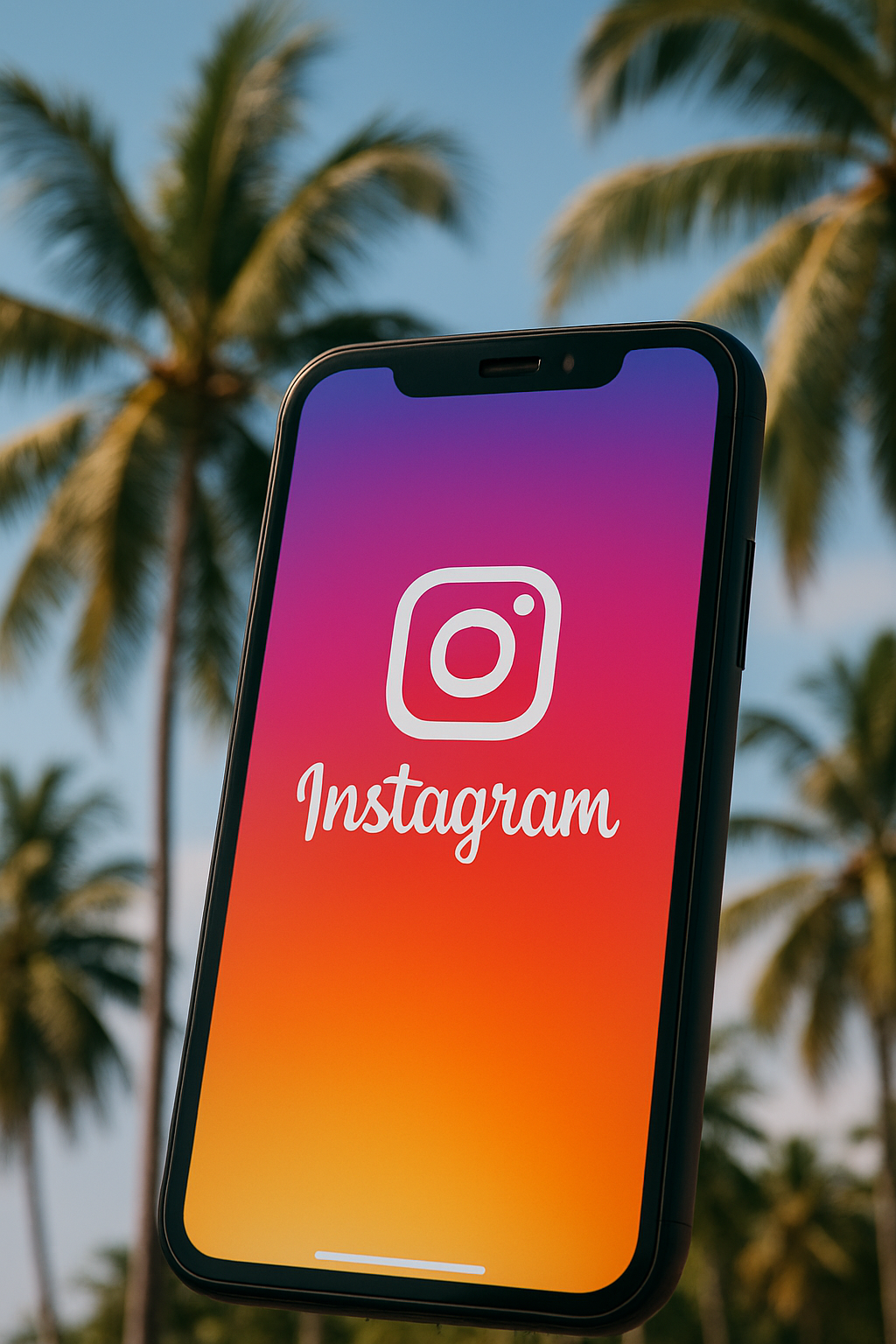 Smartphone displaying the Instagram logo with palm trees in the background.
