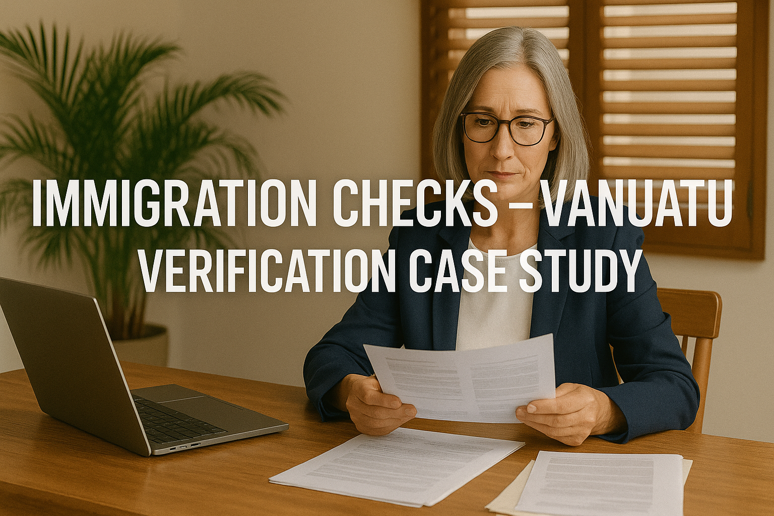 Mature woman in tropical office reviewing Vanuatu immigration documents – Immigration Checks case st