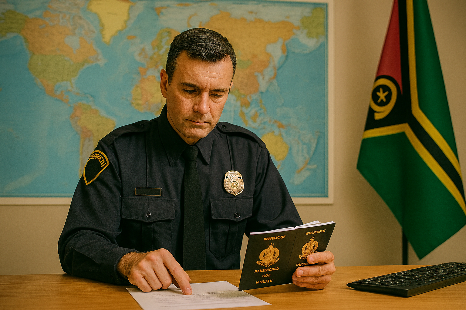 Immigration officer verifying Vanuatu passport and marriage certificate – case study on immigration document checks.”