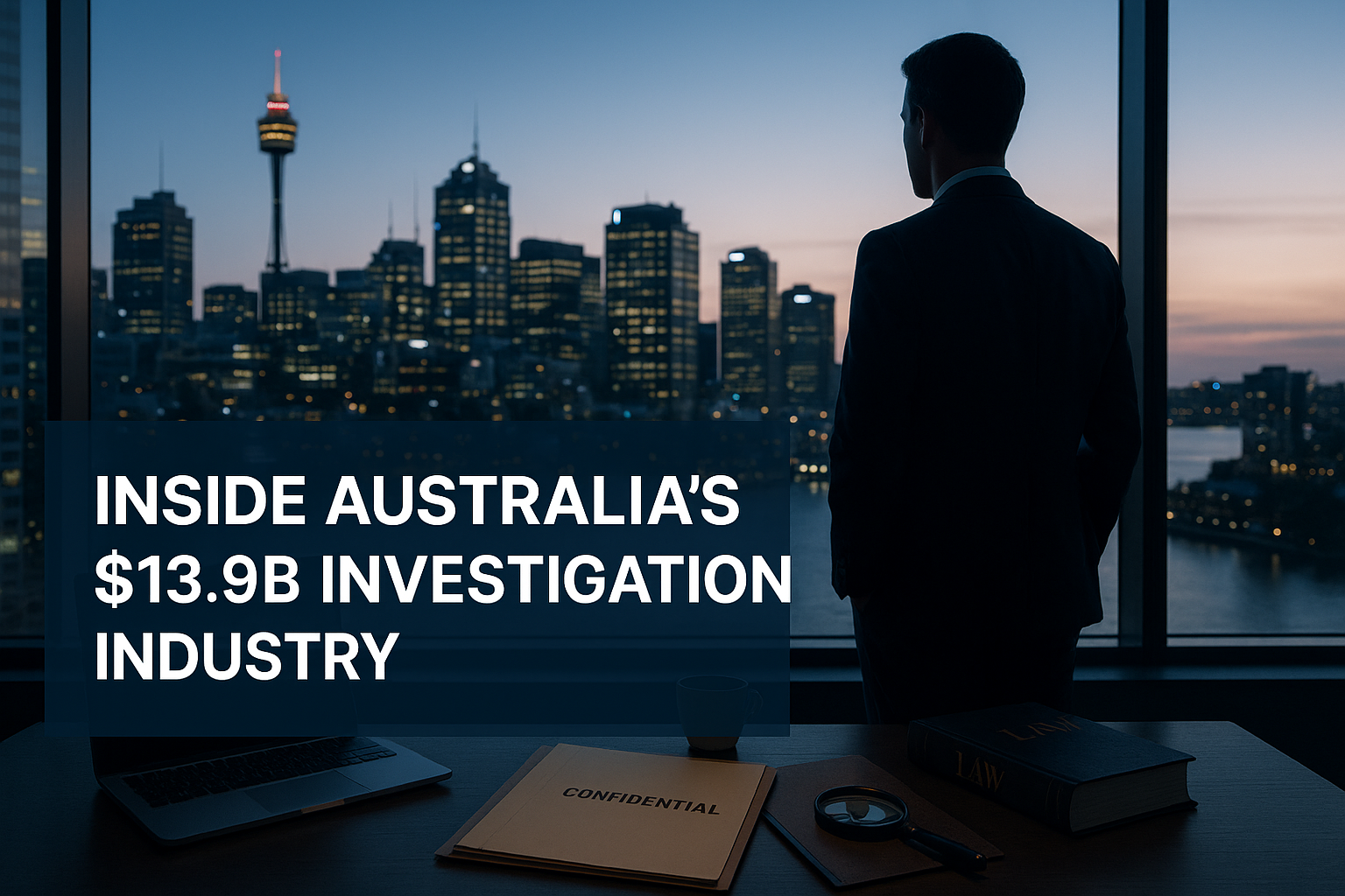Man in suit overlooking Sydney skyline; text: 