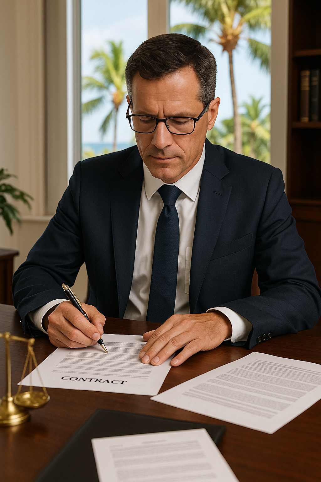 “Man in suit signing contract at desk with palm trees – Vanuatu money recovery legal process.