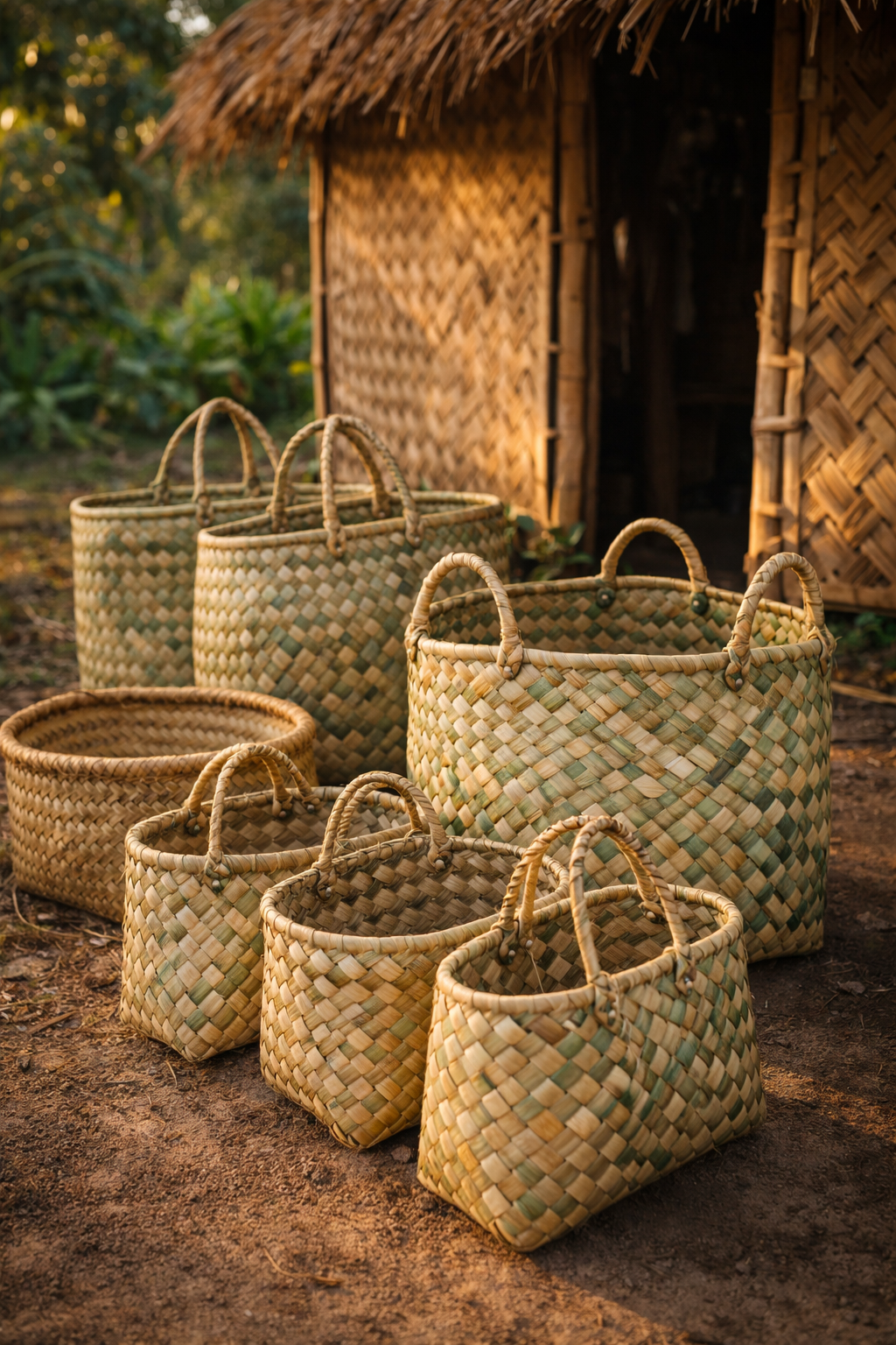 Pandanas baskets lined up next to a bamboo home 