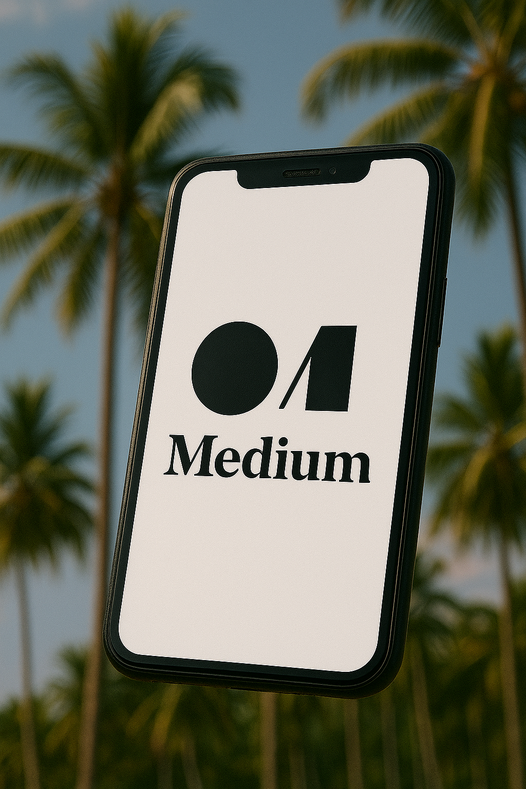 Smartphone with Medium app logo against a backdrop of palm trees and blue sky.