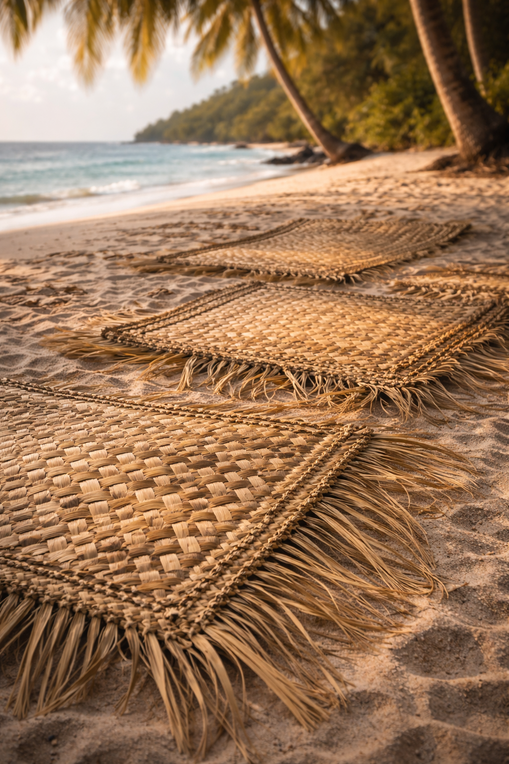Small placemats on the beach lined up made from pandanas