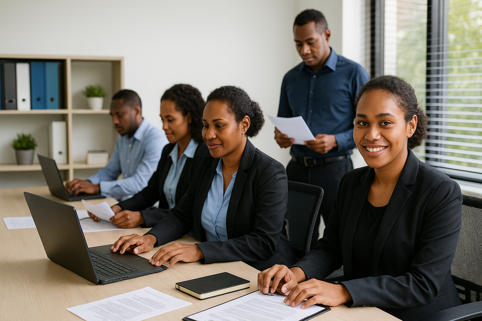 Five Black professionals in business attire work at a conference table with laptops. One smiles at the camera.