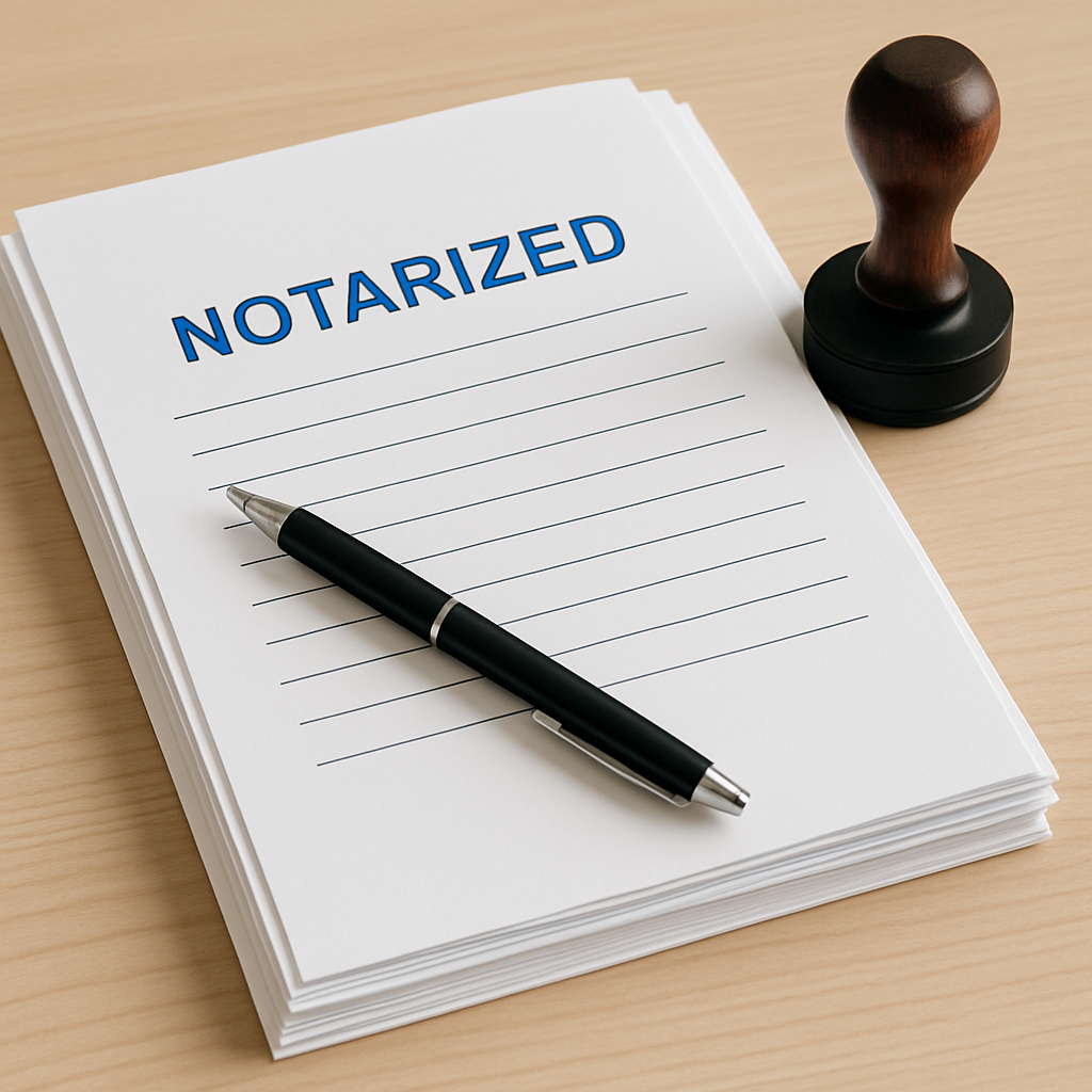 Notarised documents with pen and stamp on desk – Vanuatu money recovery compliance paperwork