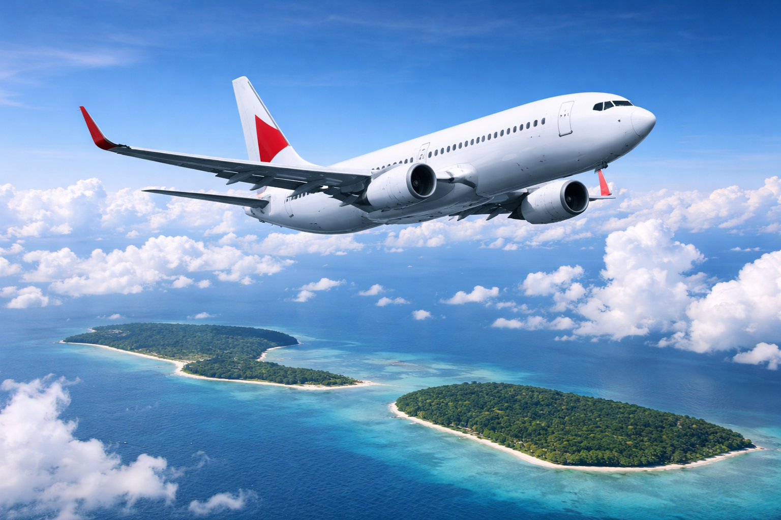 Plane flying over blue water by Beachfront on Aore