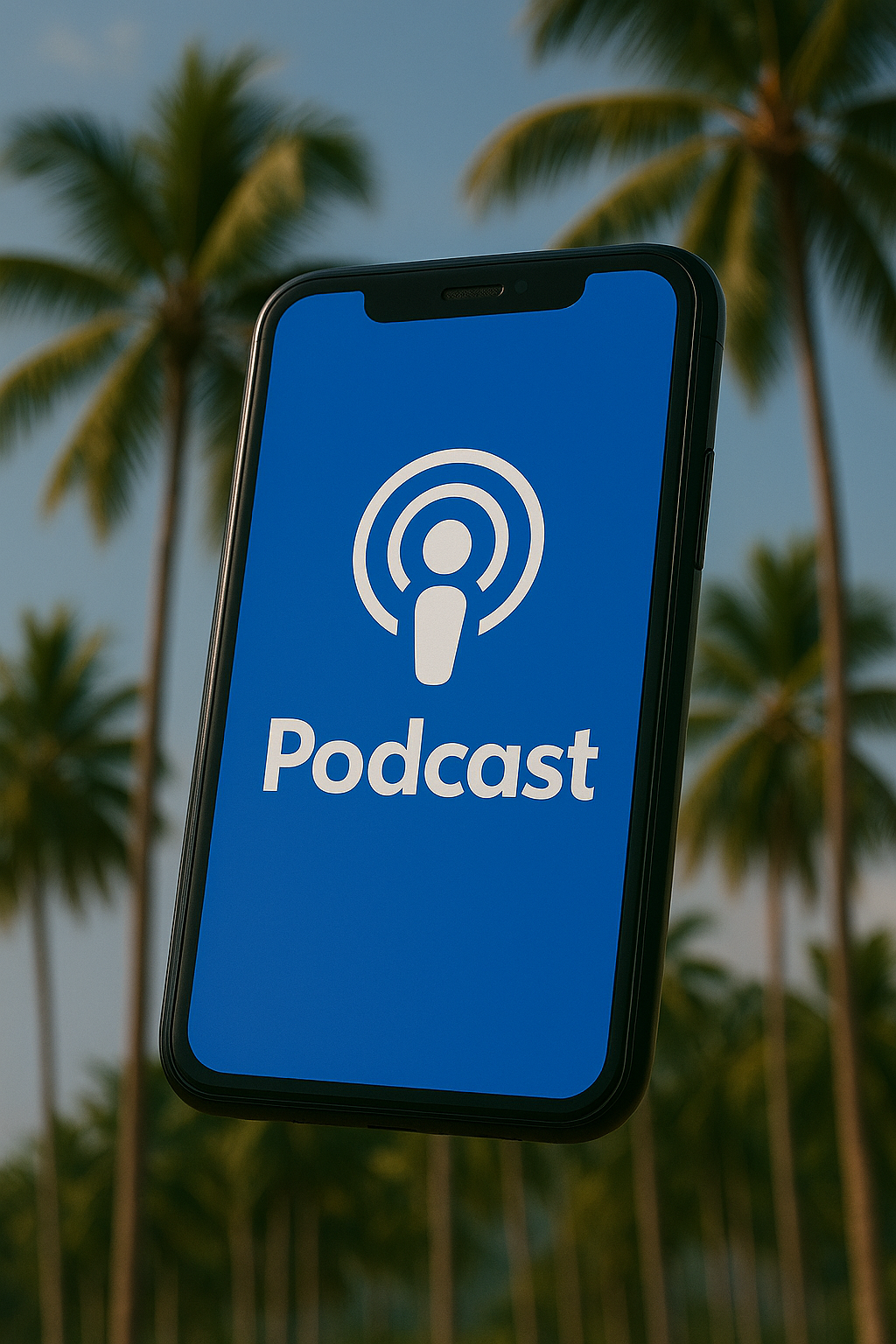 Smartphone displaying a podcast app icon, in front of palm trees.