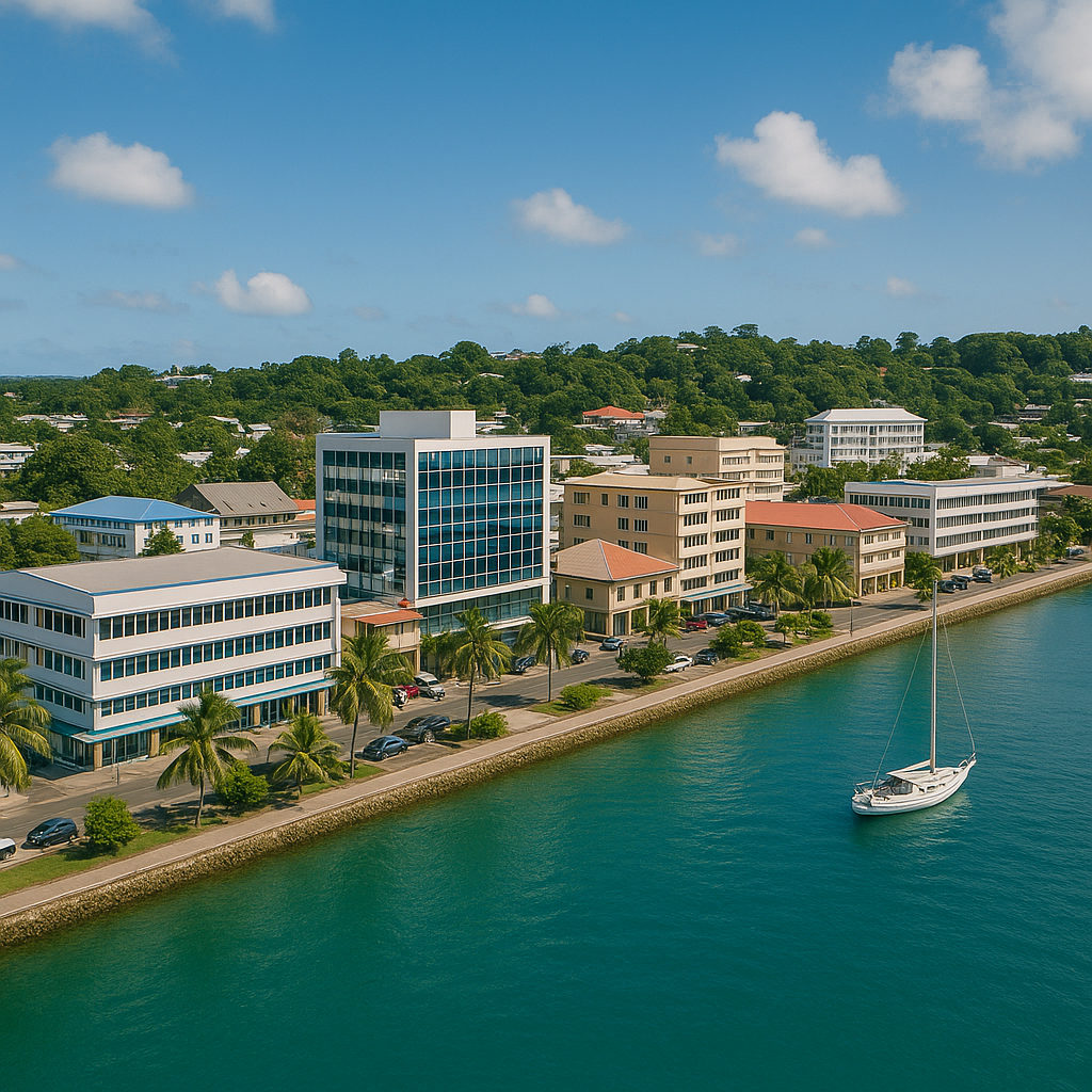 Waterfront cityscape with buildings, trees, a sailboat, and blue water under a sunny sky Vanuatu