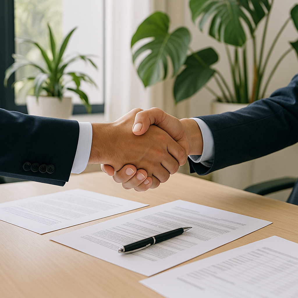 Two people shaking hands over a table with documents and a pen, in an office setting.