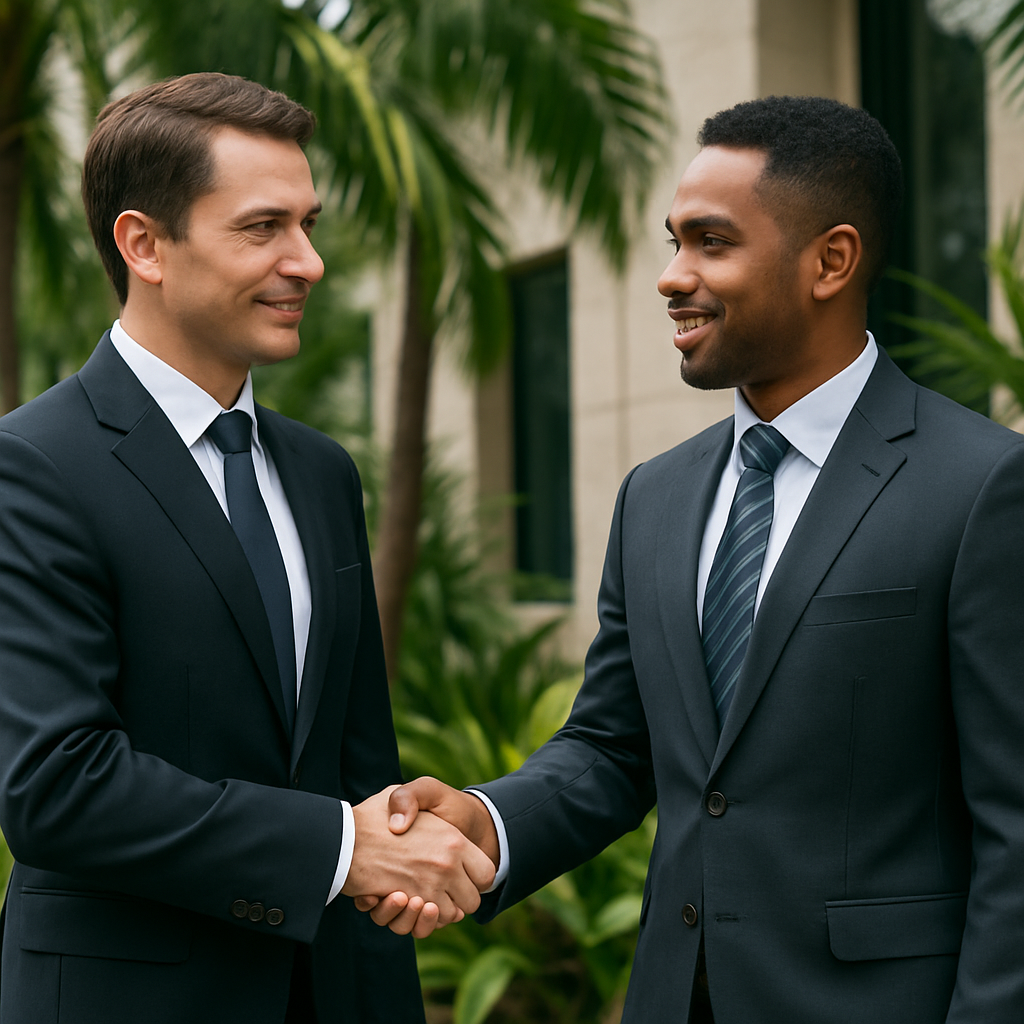 Two men in suits shake hands, smiling, outside a building with palm trees.