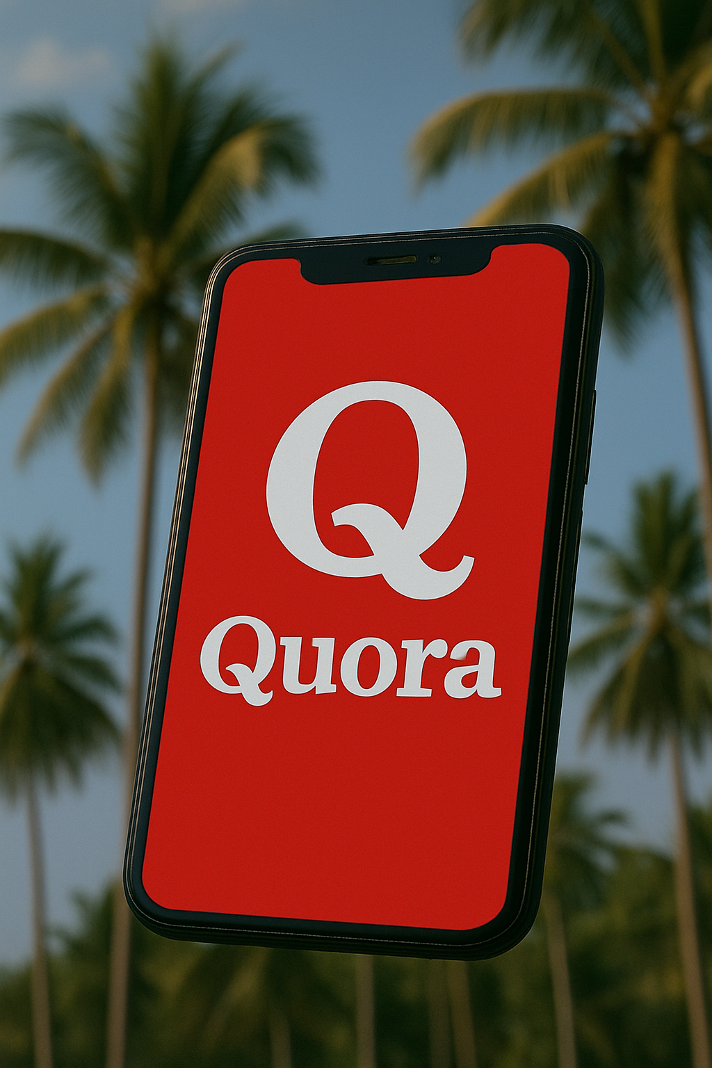 Smartphone with the Quora logo on a red screen against a blurred palm tree backdrop.